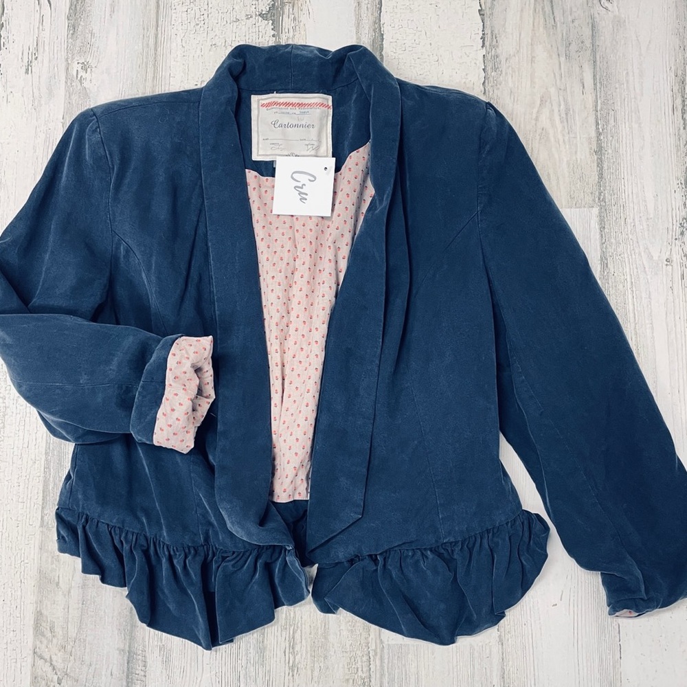 Anthropologie Navy Ruffle Blazer Jacket